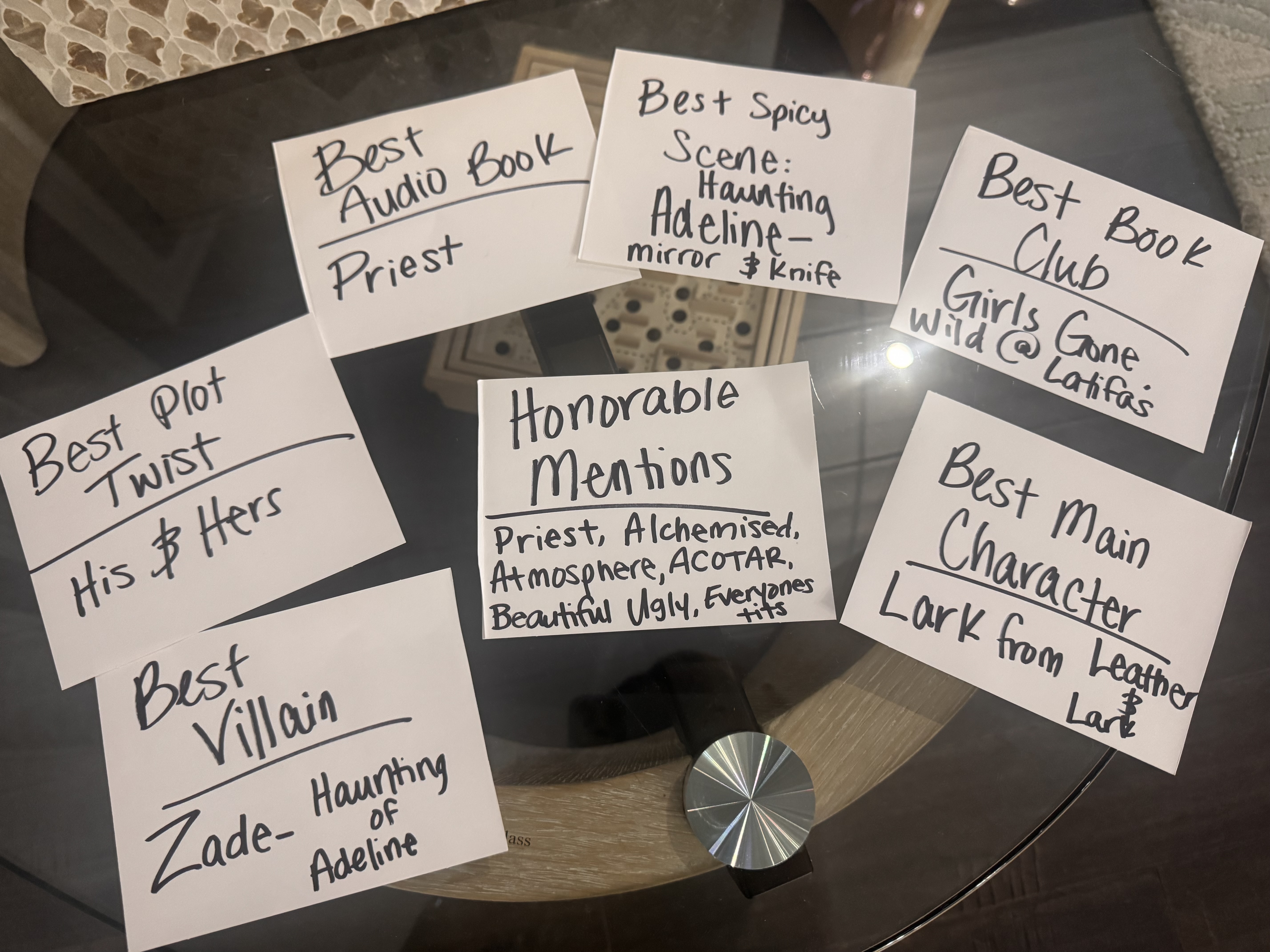 Handwritten Book Fetish Momma Awards result cards, including Best Plot Twist for His & Hers, Best Villain for Zade from Haunting Adeline, Best Audiobook for Priest, and Best Main Character for Lark from Leather & Lark